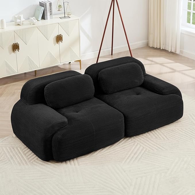 80" Modern Compressed Boneless Love Seat Couches, 2 Seater Large Sectional Couches for Living Room, Black Corduroy Cloud Modular Sectional Sofa, Memory Foam, Extra Deep Loveseat, No Assembly
