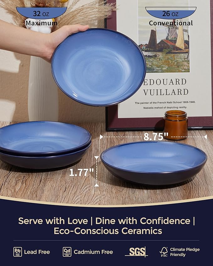 Ceramic Pasta Bowl Set of 4, 32 Oz Large Salad Bowls for Serving, Microwave & Dishwasher Safe Soup Bowls for Kitchen, Light Blue Stoneware Bowl Set
