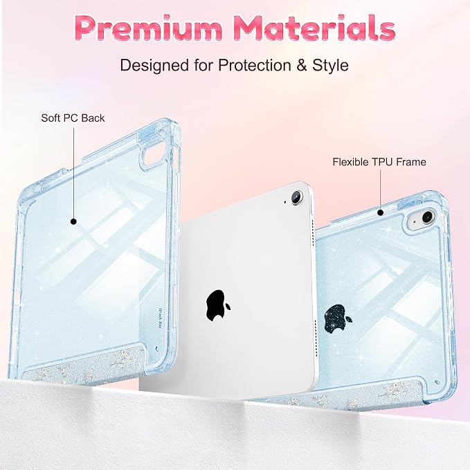 for iPad Air 11 inch M4/M3/M2 (2026/2025/2024) iPad Air 5th/4th Gen (2022/2020) 10.9 inch with Pencil Holder Glitter Clear Pretevtive Cover Auto Wake/Sleep Black Cartoon Stickers