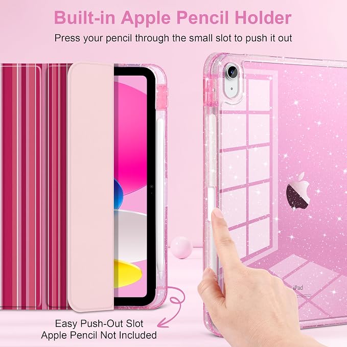 MEEgoodo Case for iPad A16 11th Generation 2025/10th Generation 2022 Glitter Tablet Cases with Transparent Acrylic Back+Trifold Stand +Pencil Holder+Auto Wake/SleepAbstract Sun &amp Palm Tree