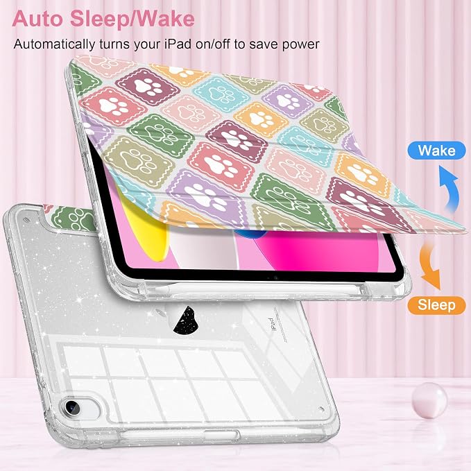 MEEgoodo Case for iPad A16 11th Generation 2025/10th Generation 2022 Glitter Tablet Cases with Transparent Acrylic Back+Trifold Stand +Pencil Holder+Auto Wake/SleepAbstract Sun &amp Palm Tree