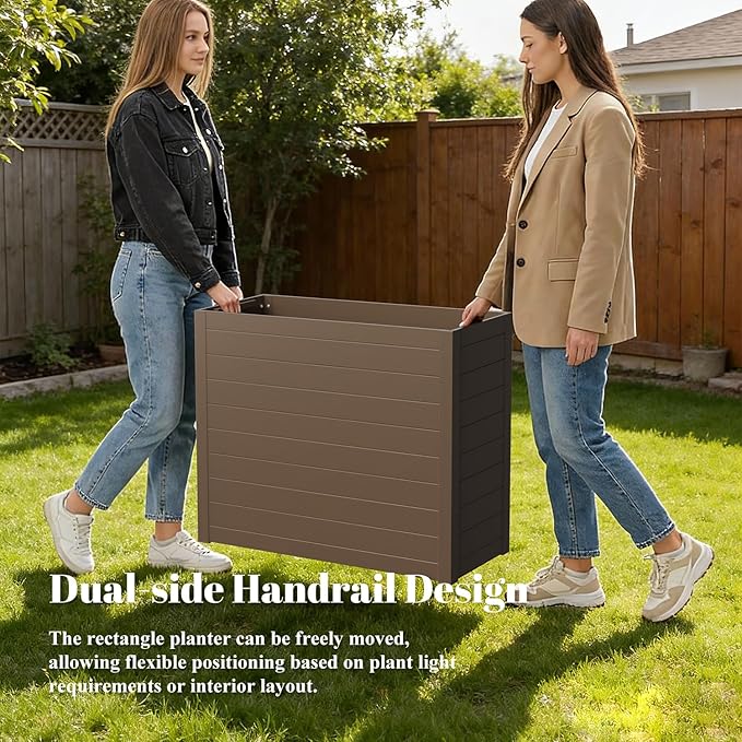 Outdoor Planter Box, Large Rectangular Planter with Removable Drip Tray, Suitable for Indoor or Outdoor Patios/Porches, Ideal for Planting Plants, Flowers, and Gardening (Brown)