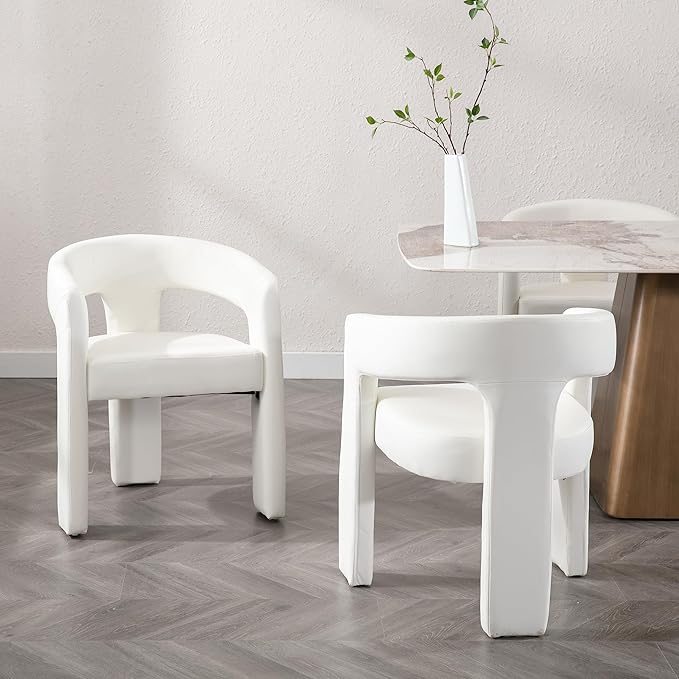 Modern Barrel Dining Chairs Set of 3, PU Leather Upholstered Accent Side Chair with Arms Comfy Makeup Vanity Chairs, Dining Living Room Kitchen Chairs, White