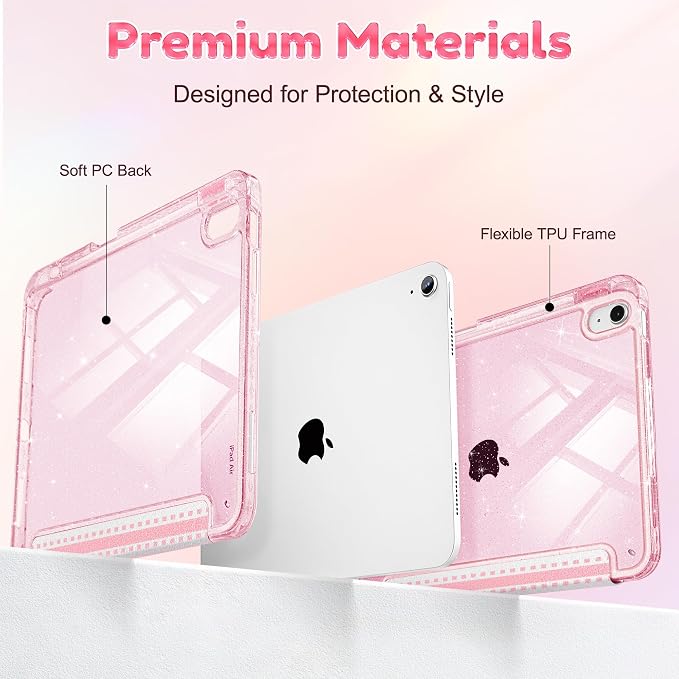 for iPad Air 11 inch M4/M3/M2 (2026/2025/2024) iPad Air 5th/4th Gen (2022/2020) 10.9 inch with Pencil Holder Glitter Clear Pretevtive Cover Auto Wake/Sleep Black Cartoon Stickers