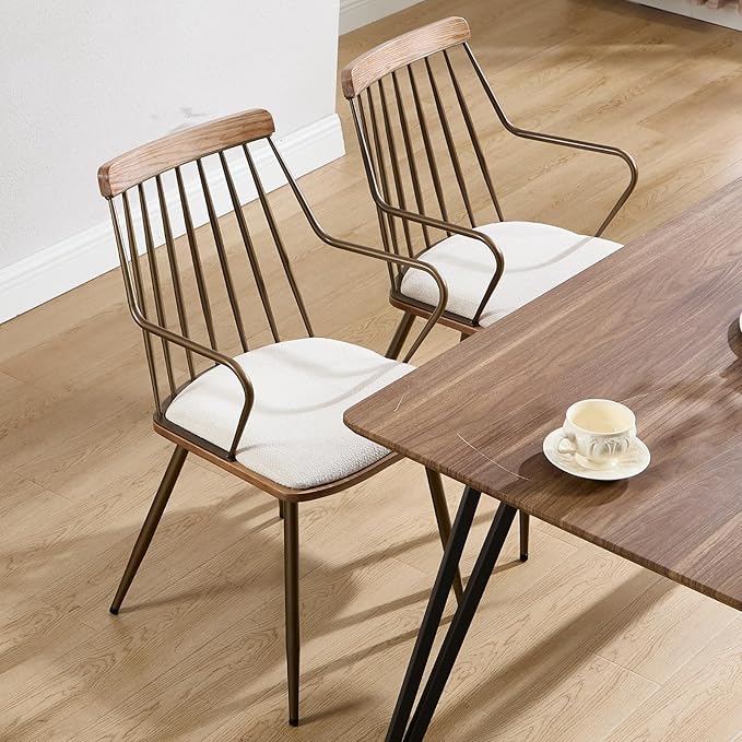 Modern Dining Chairs Set of 6, Upholstered Dining Chairs with Metal Leg, Wood Kitchen Chairs with Fence-Like Back and Curved Arm for Dining Room Kitchen Restaurant Reception (Beige)