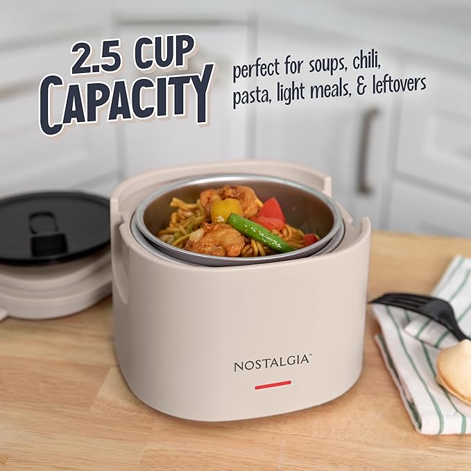 Nostalgia Portable Heated Lunch Box – 2.5-Cup Stainless Steel Food Warmer – Detachable Cord, Leak-Proof Lid, Carry Handle – Portable for Work & Travel – Oatmeal