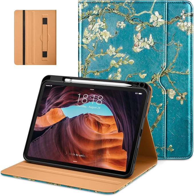 DTTO for iPad (A16) 11th Generation 11-inch &amp 10th Gen Case Brown | Premium Leather Business Cover with Pencil Holder Hand Strap &amp Pocket Corner Protection Auto Sleep/Wake for Work &amp