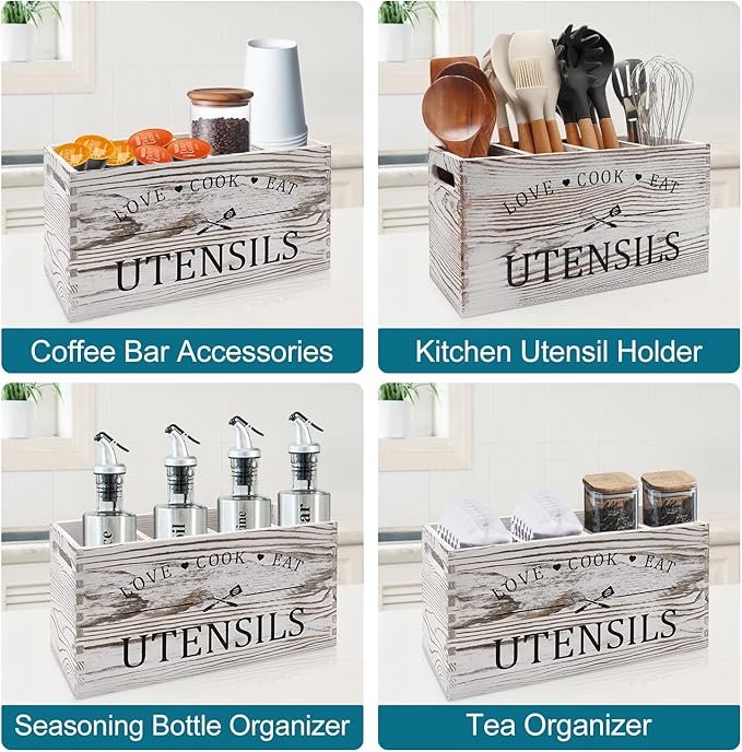 Rustic White Wooden Utensil Holder for Kitchen Counter Decor Extra Large Utensil Crock Organizer Silverware Caddy Farmhouse Wood Cutlery Holder Cooking Utensil Stand Storage kitchen Tools Holder