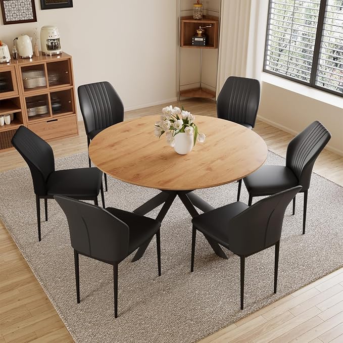 43.2"-59.1" Extendable Dining Table Set with Metal Legs, Wooden Round Kitchen Table for 4-6 Person, Oak Coffee Table w/Easy-Clean Tabletop