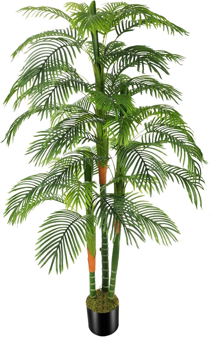 6ft Artificial Golden Cane Palm Tree(72in) with 3 Trunks Faux Tree and Plastic Nursery Pot, Fake Plant for Office House Farmhouse Living Room Home Decor (Indoor/Outdoor)