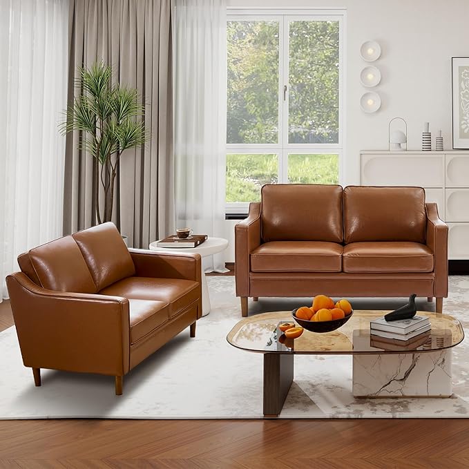 Kingfun 56" Faux Leather Sofa, Loveseat Couch, Mid Century Modern Love Seat Couches with Solid Wood Frame for Living Room & Bedroom, Dark Brown
