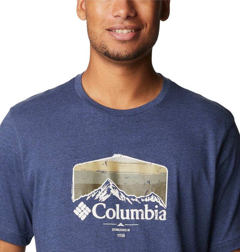 Columbia Men's Thistletown Hills Graphic Short Sleeve, Dark Mountain Heather/Hikers Graphic, Large