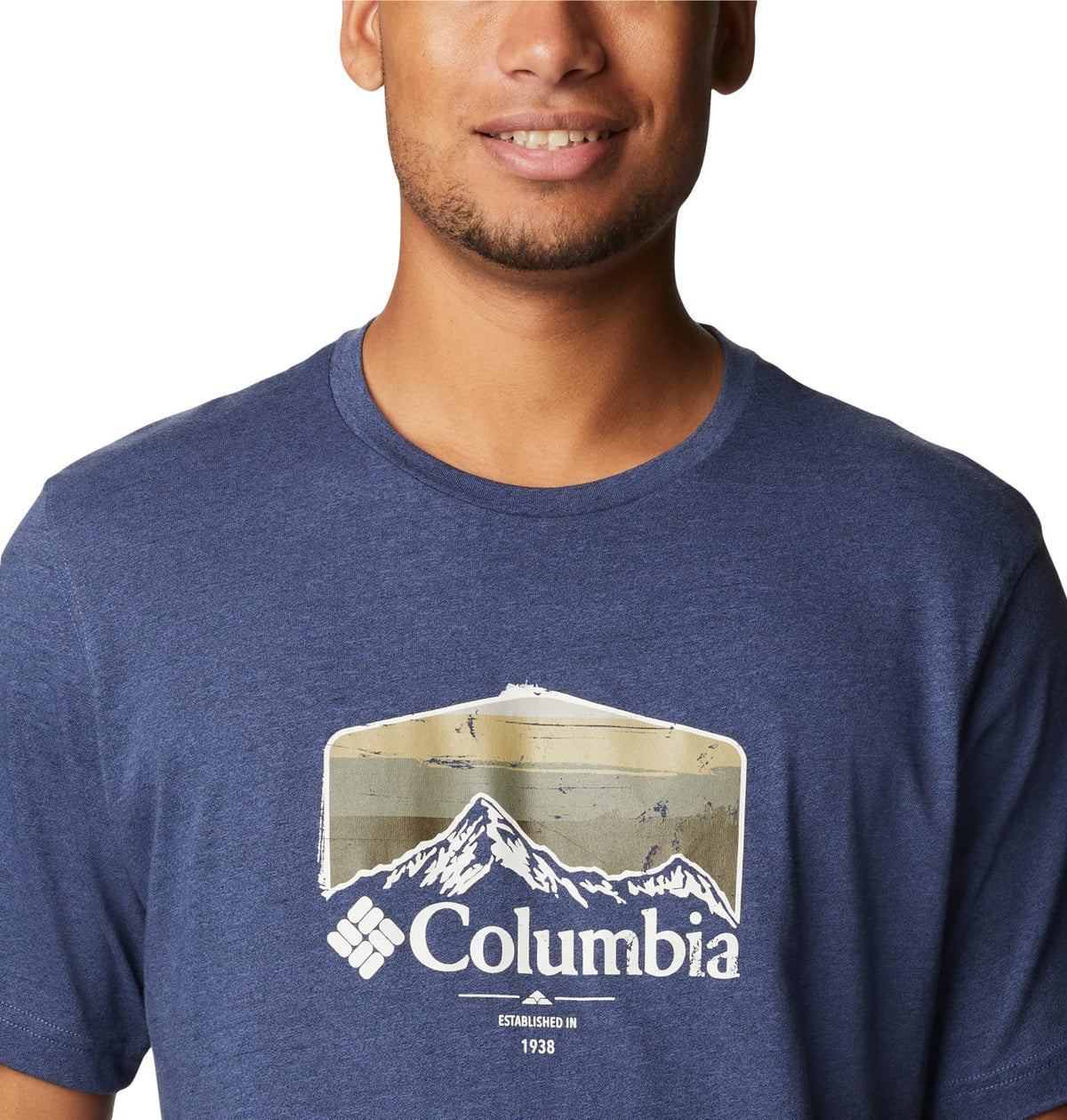 Columbia Men's Thistletown Hills Graphic Short Sleeve, Dark Mountain Heather/Hikers Graphic, Medium