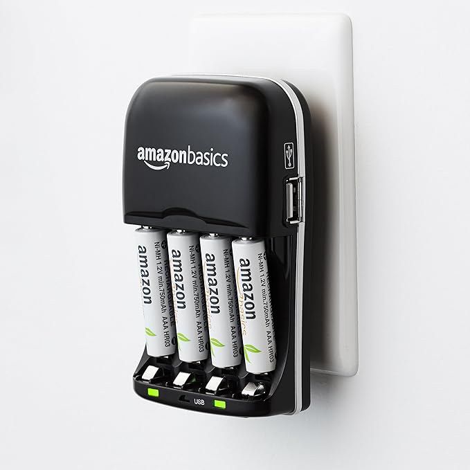 Amazon Basics Rechargeable Battery Charger for AA & AAA Ni-MH Batteries with USB Port, Portable, Travel-Friendly, Over-Charge Protection, Black