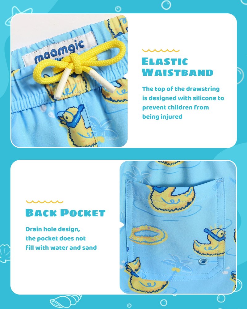 maamgic Boys Swim Trunks with Compression Liner Toddler Stretch Swim Shorts Quick Dry Swimming Trunks Boxer Brief 2 in 1 Beach Shorts Blue Rubber Ducky 10/12