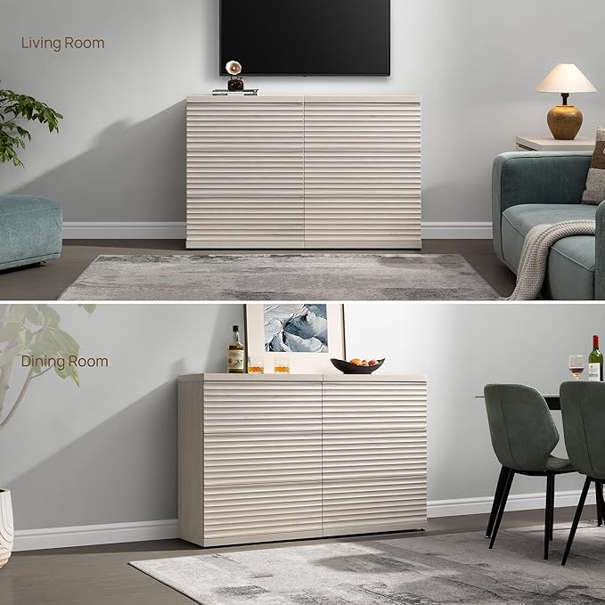 SICOTAS Buffet Cabinet with Storage, Fluted Accent Sideboard Modern Credenza with Larger Drawers, Mid Century Media Console Coffee Bar Table Liquor Cabinet for Dining Room Entryway Kitchen (4 Pieces)