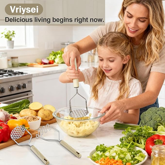 Vriysei Potato Masher Stainless Steel, 2pcs Heavy Duty Mashed Potato Mashers - Masher Kitchen Tool & Food Mashers for Potatoes, Beans, Avocado, Meat, Vegetables Dishwasher Safe