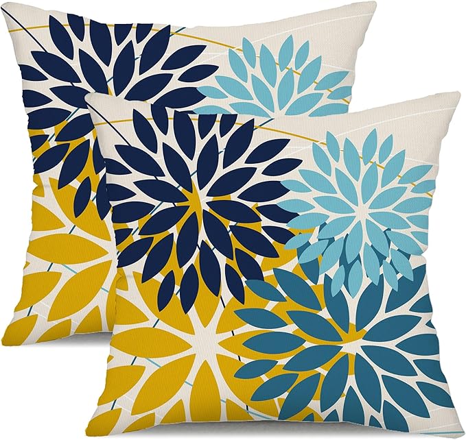 DFXSZ Outdoor Pillow Covers 16x16 Inch Set of 2 Green Yellow Blue Flower Decorative Waterproof Spring Summer Outdoor Pillow Covers for Patio Funiture Garden Couch 168F16