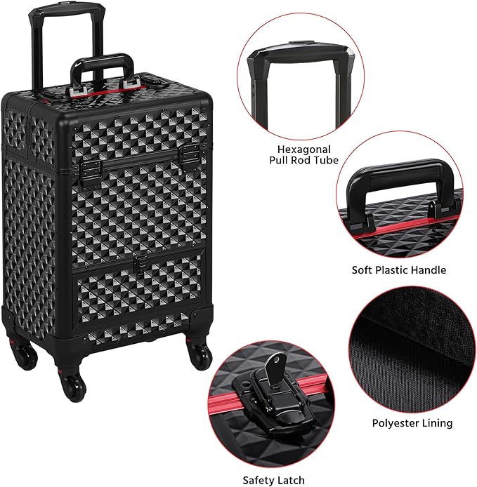 Yaheetech Rolling Makeup Train Case Aluminum Cosmetic Case with Wheels Barber Case Salon Lockable Travel Trolley with Sliding Drawers Removable Divider, Black/Red