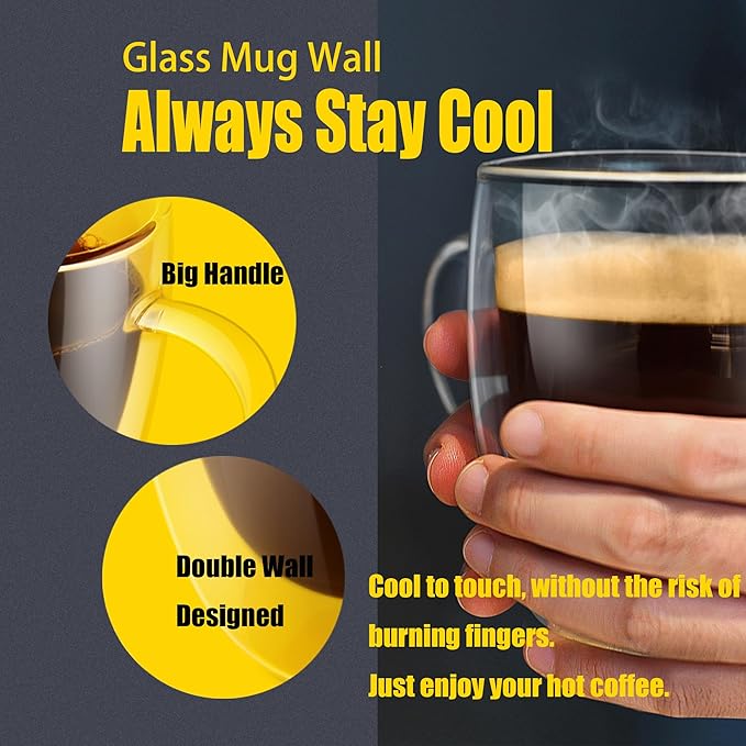 PunPun 17OZ. 500ml Clear Coffee Mugs, Glass for Coffee, Double Wall Insulated Glass Mugs with Big Handle, Every Day for Americano, Latte, Cappuccinos and Beverage.Set of 4