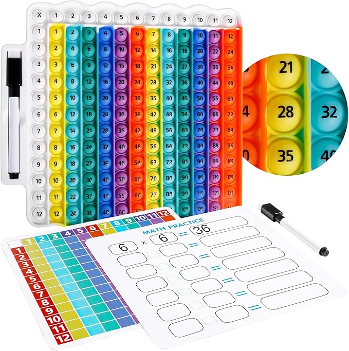 Educational e1 Multiplication Table pop Fidget Toy Rainbow Colors with Dry Erase Marker Stress Relieving Toy Memory Addition Game 3rd Grade pop 12x12 Rainbow Board Math manipulatives