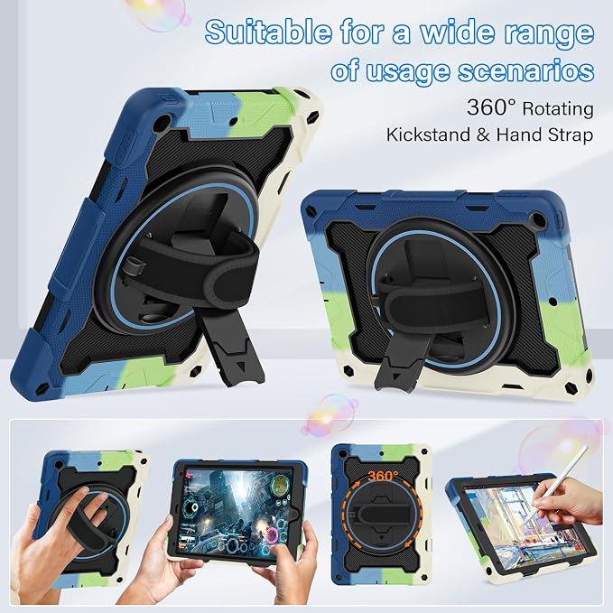 for iPad 9th 8th 7th Gen Case 10.2 inch with Screen Protector | 360° Rotating Kickstand Hand Strap Shoulder Strap Heavy Duty Military Grade - Kids Friendly