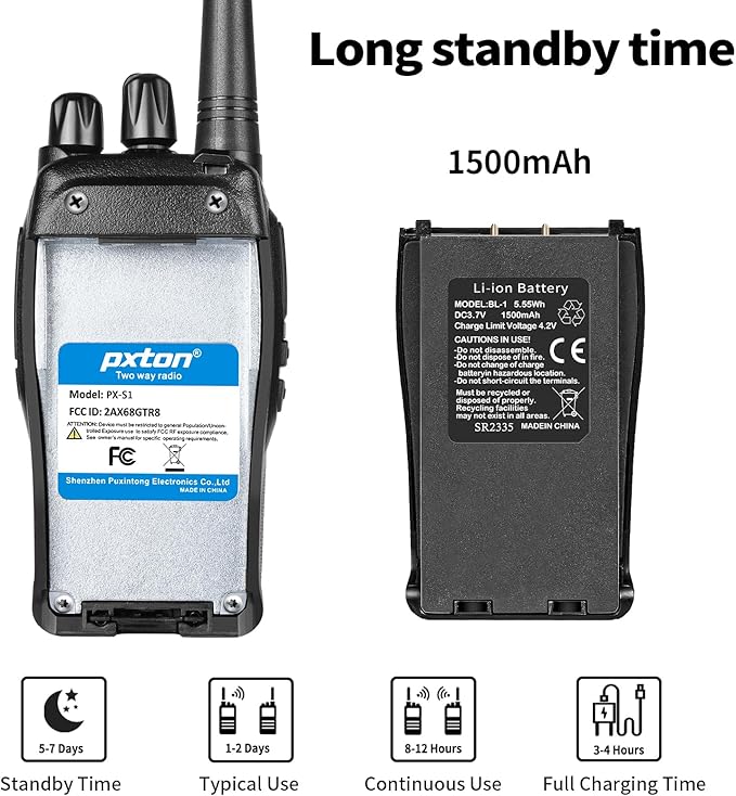 pxton S1 walkie talkies for Adults with earpieces and Rechargeable 1500mAh Li-ion Battery，walkie Talkie has VOX，TOT，Emergency Alarm，Battery Low Alert，Flashlight，Scan Function（2 Pack）