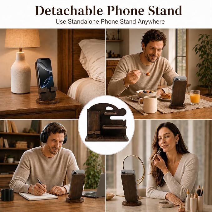 Wooden Phone Docking Station for Men Solid Wood Nightstand &amp Desk Organizer Ideal Gift for Dad and Husband