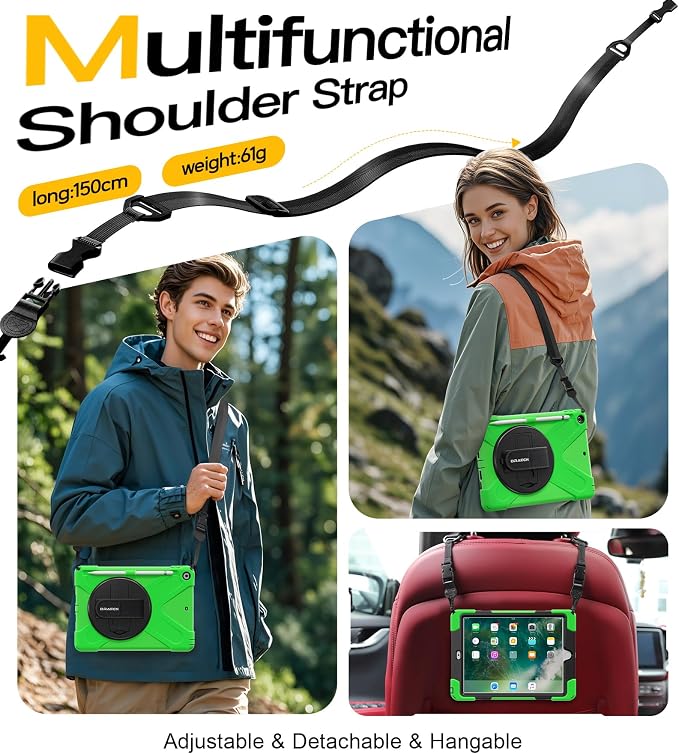 BRAECN Case for iPad 6th/5th Generation - 9.7 inch 2018/2017 Black | Protective Heavy Duty Shockproof Rugged Cover for Kids/Adults 360° Rotating Hand Strap/Stand &amp Detachable Shoulder Strap