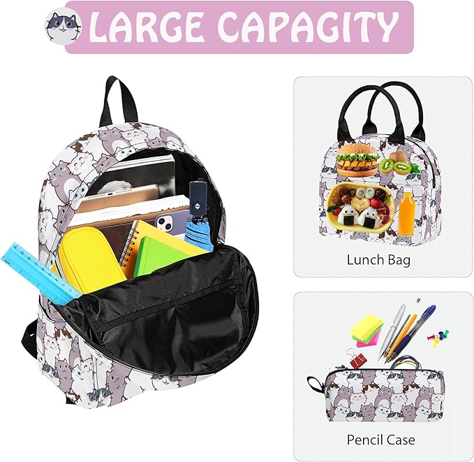 Cat Cute 3PCS Backpack Set for Teens Elementary Middle High School, 17 Inch Lightweight Classic Backpack 3 in 1 Set for Girls Boys, Kids Back to School Backpack with Lunch Box Pencil Case