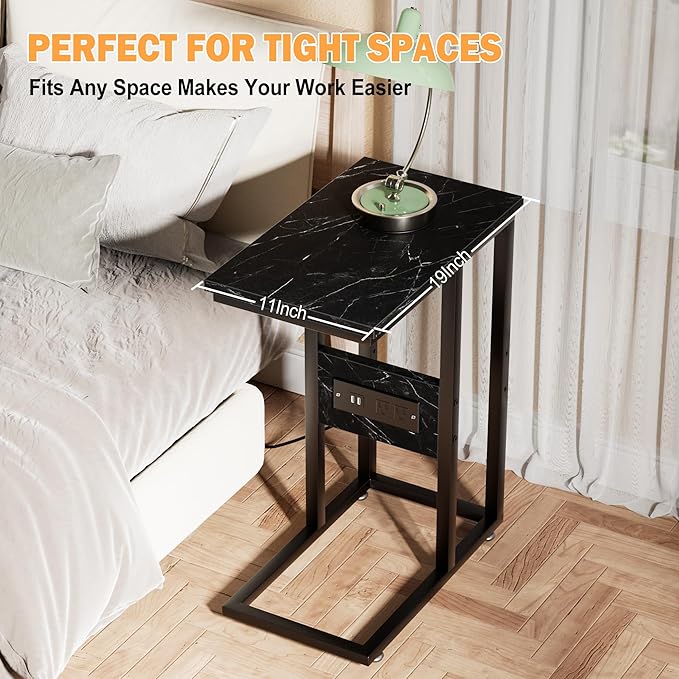 VECELO C Shaped End Table with Charging Station & Power Outlets, Quick Access Side Table for Sofa, C Bedside for Living Room Bedroom 1 Set,Black Marble