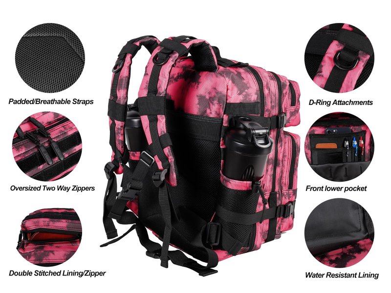 LHI Tactical Military Backpack for Men and Women 25L Army Assault Pack Bag Large Rucksack with Molle System-Pink tie dye