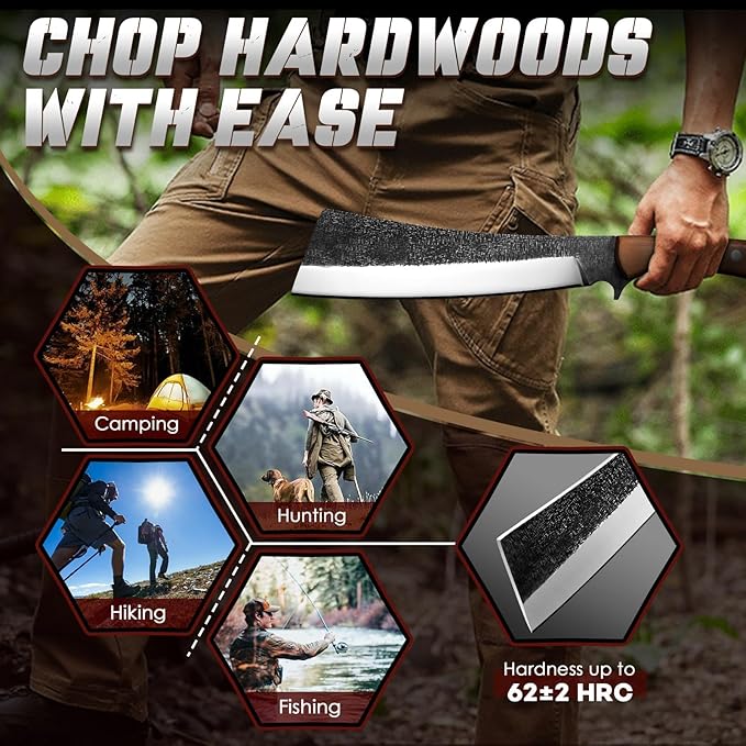 Freelander Japanese Style High Carbon Steel Machete with Red Sandalwood Ergonomic Full Tang Handle and Wood-Leather Sheath, for Camping, Hiking, Yard Work, and Survival,Christmas Gifts for Men Women