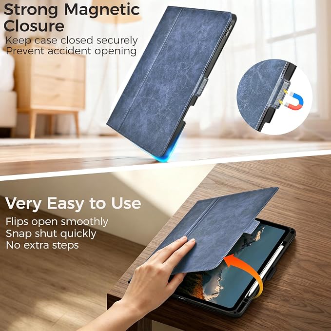 Case for iPad A16 (11th Gen)/iPad 10th Generation Black | Slim LightweightPremium Vegan Leather CoverPencil HolderAuto Sleep/WakeMulti Viewing AngleTyping AngleMagnetic Clasp