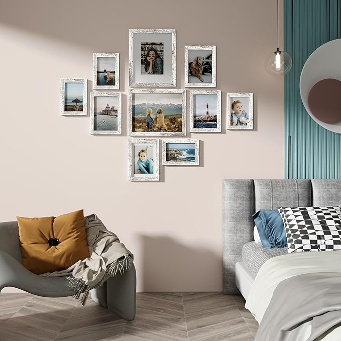 Vittanly Picture Frames Set of 10, Picture Frames Collage Wall Decor with Two 8x10, Four 5x7, and Four 4x6 Photo Frames, Gallery Wall Frame Set for Wall or Tabletop Display, Distressed White