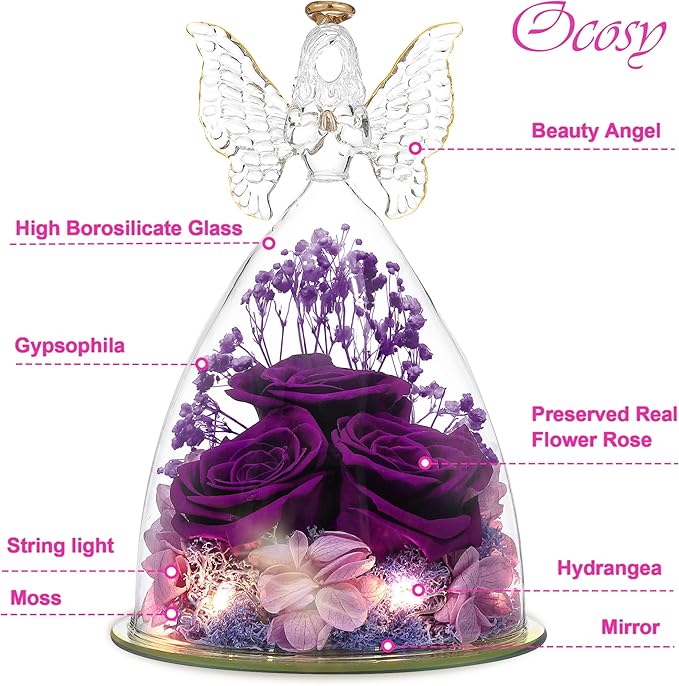 Ocosy Mothers Day Rose Gifts for her, Large Angel Rose Gifts for Women, Forever Real Roses in Angel Figurines, Angel Guardian with Roses Flower, Purple