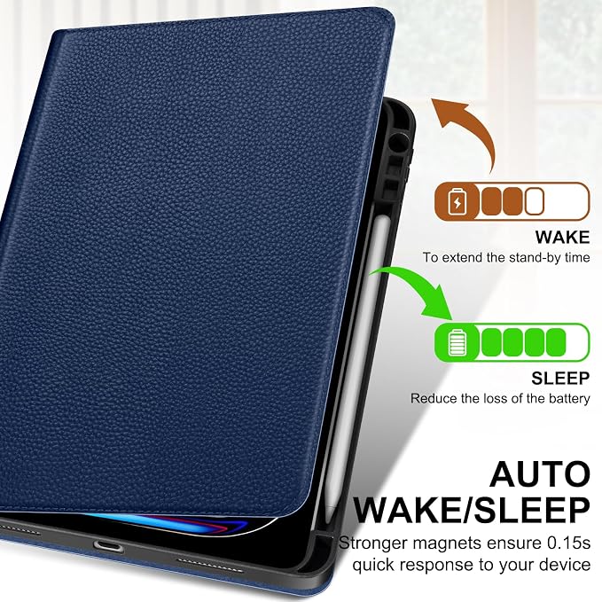 Genuine Leather Case for iPad 11th Gen 11/10th Gen 10.9 Black | Pencil Holder Adjustable Stand Auto Wake/Sleep Shockproof