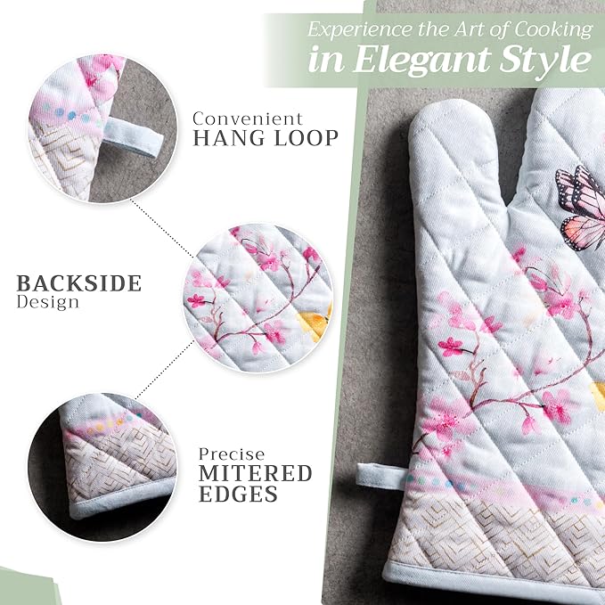Maison d' Hermine Oven Gloves 100% Cotton Oven Mitt 7" x 13" with Loop Heat Resistant, BBQ, Cooking Gloves, Baking, Grilling, Kitchen, Handling Hot Pans Spring/Summer (Pack of 1, Blossoms in Spring)