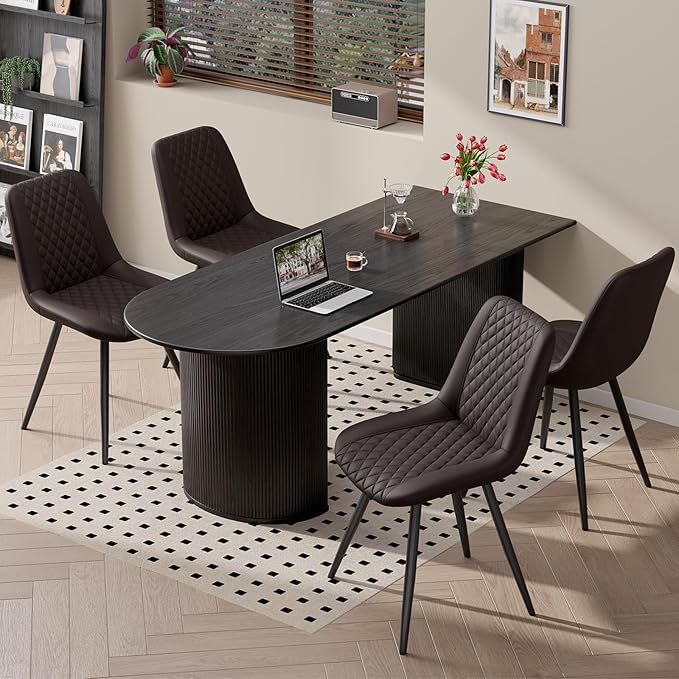 Modern Dining Chairs Set of 2, Top PU Leather Upholstered Dining Room Chairs with Metal Legs, Ergonomic Kitchen Chairs for Kitchen Dinning Room, Dark Brown