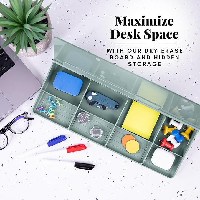 Birch Small Desktop Whiteboard – Glass Dry Erase Board Desk Pad Keyboard Stand with Storage Compartment 3 Markers & Marker Holder – Perfect for Office, Home, & School (Moss)