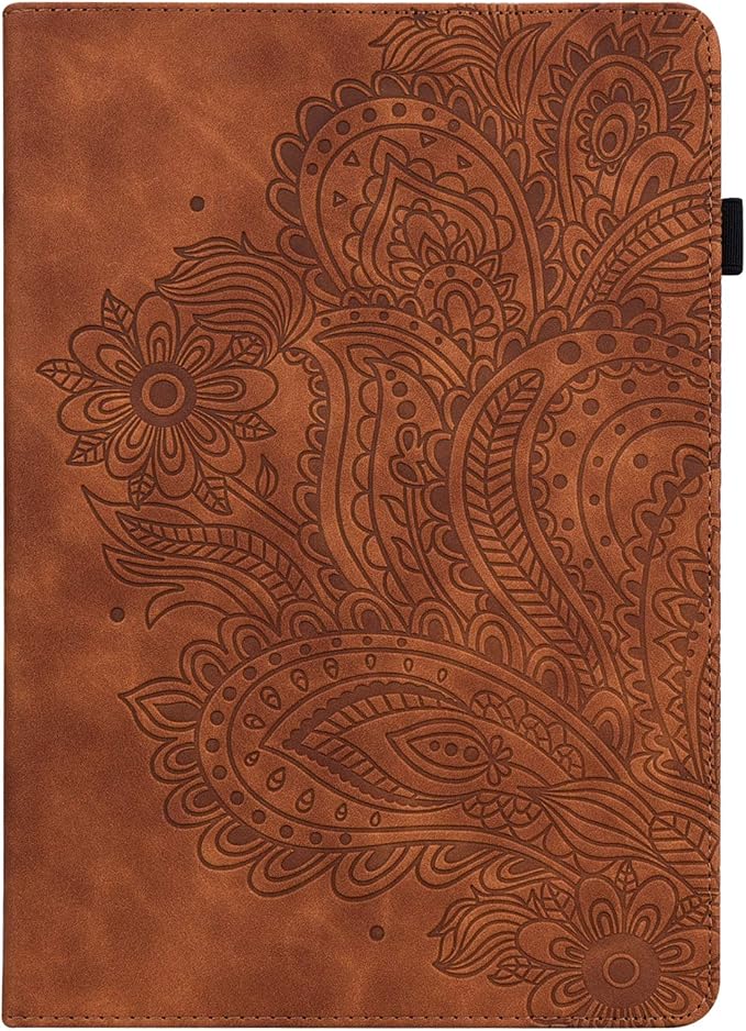 for Kindle Fire HD 8 Tablet (only Fits 10th Generation) &amp Fire HD 8 Plus 8 Case 2020 with Stand/Pencil Holder/Card Pocket/Elastic Band Embossed PU Leather Floral Cover Brown Peacock Flower