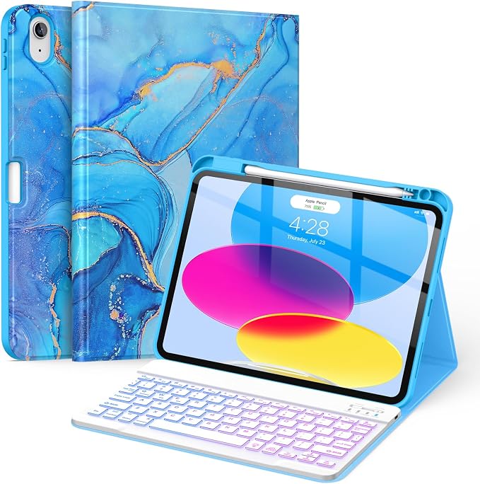 Soke for iPad (A16) 11th/10th Gen Case with Keyboard Black Marble | For iPad 11/10.9 inch(2025/2022) 7 Color Backlight Magnetic wireless Detachable Keyboard Case Built-in Pencil Holder
