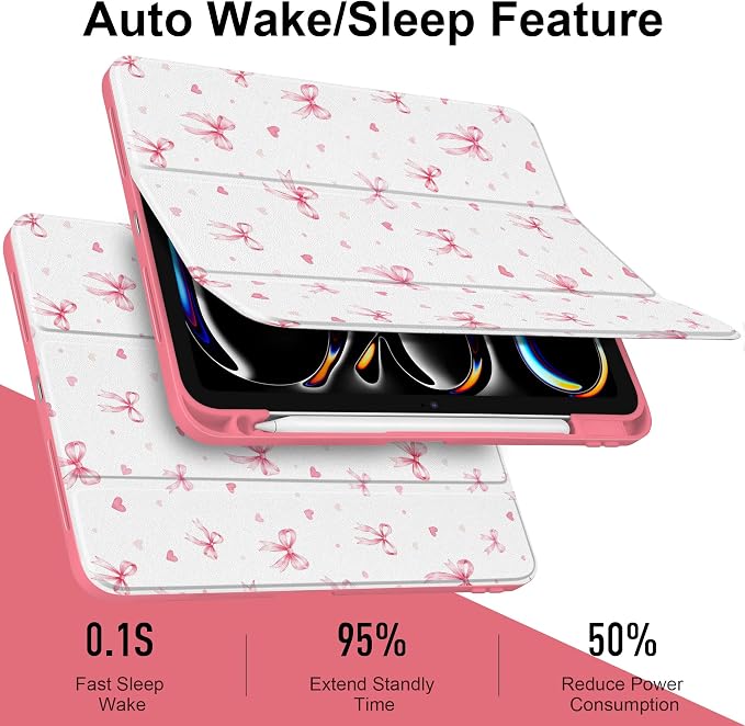 Case for iPad Pro 11 inch M5 2025 /M4 2024 Blue Ribbon Stripe | Blue Ribbon Stripe Folio Case with Clear Back Pencil Holder Trifold Stand and Auto Sleep/Wake for Preppy Aesthetic Users
