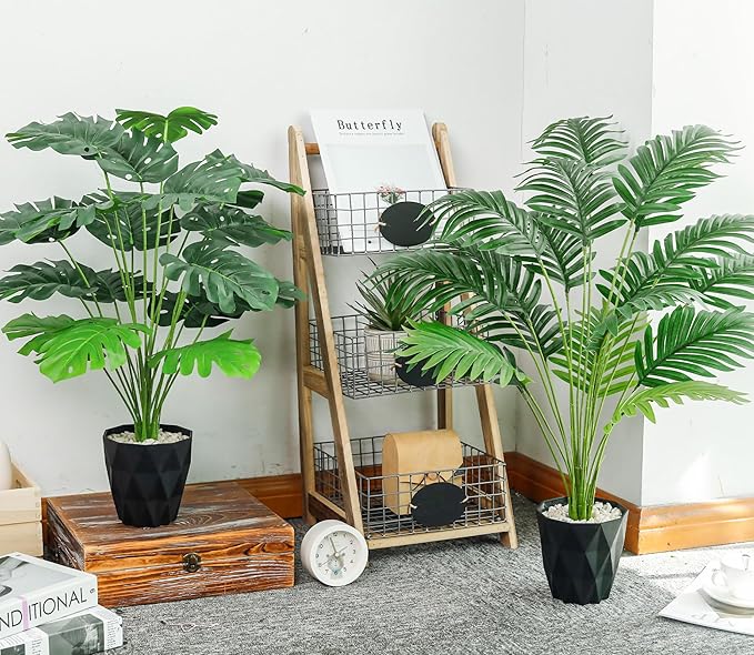 Der Rose 2Packs 28'' Fake Palm Tree Large and Artificial Monstera Plants Outdoor for Home Living Room Porch Balcony Garden Decor Indoor