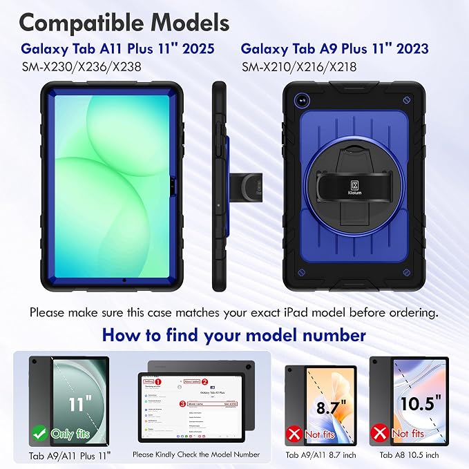 Case for Galaxy Tab A11 Plus 11 Inch 2025 and Galaxy Tab A9 Plus 11 Inch 2023 Heavy Duty Shockproof Rugged Protective Case with 360 Rotating Stand Kickstand Hand Strap and Shoulder Strap