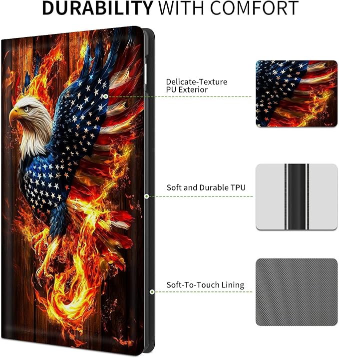 Case for iPad (A16) 11th Generation 11 Inch (2025) for iPad 10th Generation Case 10.9 Inch (2022)Slim Shockproof Shell PU Leather Stand Cover w/Auto Sleep Wake-American Eagle Rebirth of Fire
