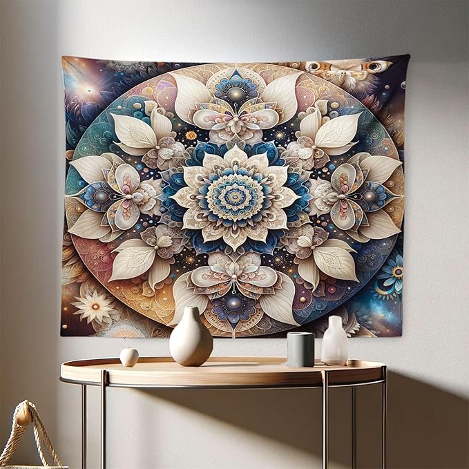 Ambesonne Mandala Tapestry, Dreamy Composition of Astral Atmosphere Blooming Trippy Floral Boho, Fabric Wall Hanging Decor for Bedroom Living Room Dorm, 28" X 23", Eggshell Sea Blue Indigo