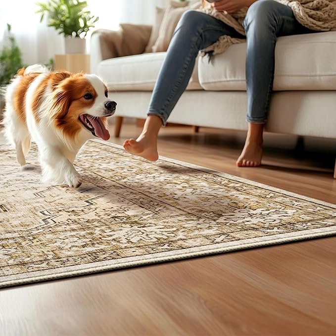 10x14 Area Rugs for Large Living Room Washable Soft Boho Vintage Floral Stain Resistant Indoor Floor Carpet Rug Low Pile Accent Rugs for Bedroom Family Room Nursery Dorm Office Dining Room,Beige
