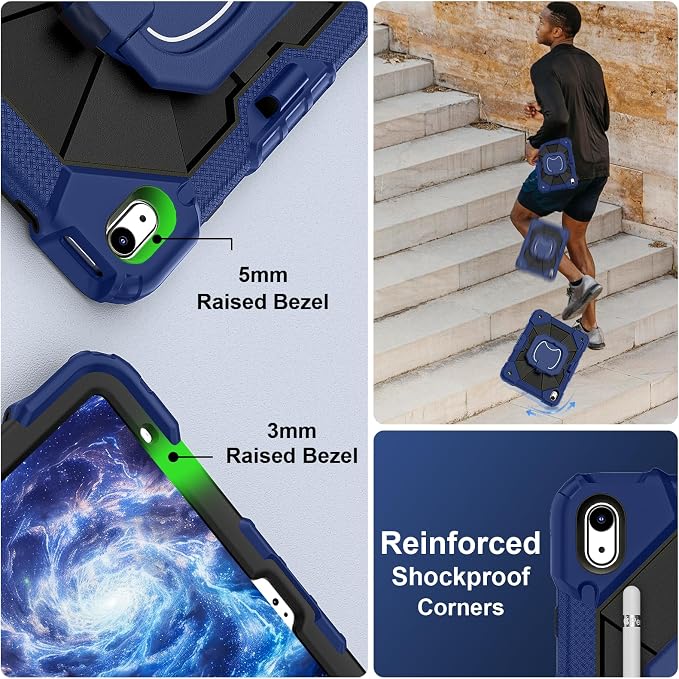Scnioy Case for iPad (A16) 11th Generation 11 Inch (2025) / iPad 10th Generation Case 10.9 Inch (2022) with 360° Rotating Stand Screen Protector Pen Holder Shoulder Strap Black