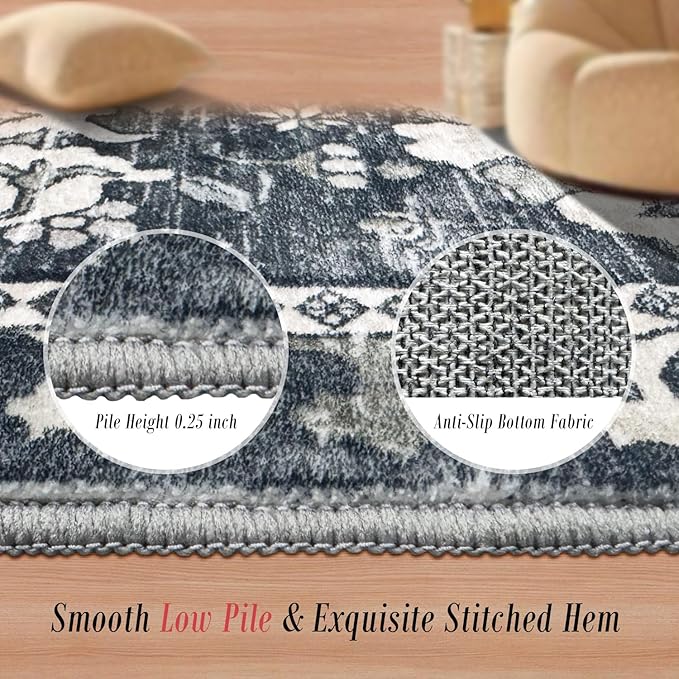 RUGSURE Washable Area Rugs - Perfect for Living Room, Bedroom, Kids Room, Nursery - Stain & Water Resistant Non-Slip, Pet & Child Friendly, Vintage Tribal Area Rugs (Grey, 3' x 5 ')